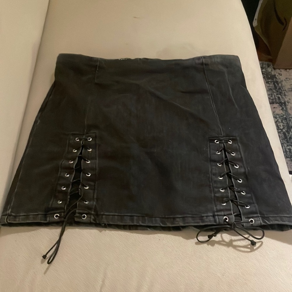 black denim lace up skirt, urban outfitters